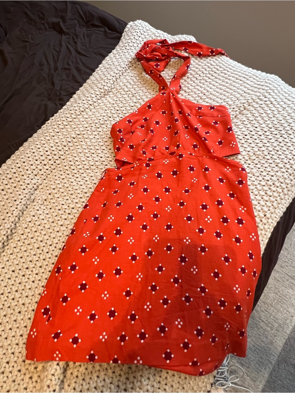 Ann Taylor Orange Halter Dress with White and Burgundy Dot Print